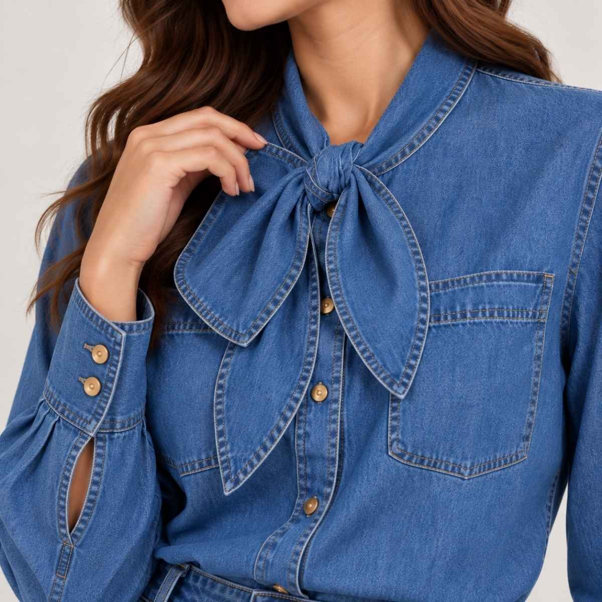 Blusa denim con lazo protagonista - Imagen 2